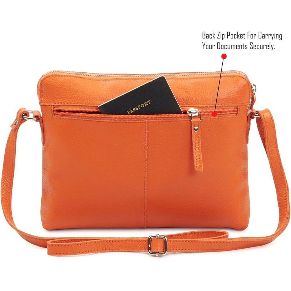 Women Orange Imported Leather Polyester Soft Pebbled Crossbody Shoulder Bag - Picture 4 of 4